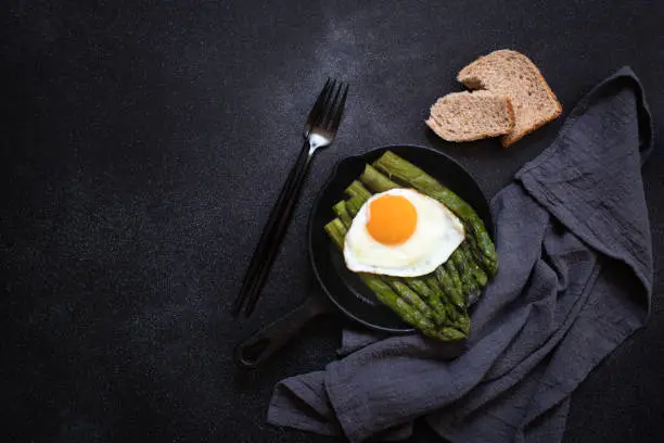 Organic healthy Asparagus and fried egg served in a frying pan. Healthy vegetarian breakfast. Black background. Copyspace. Flat lay