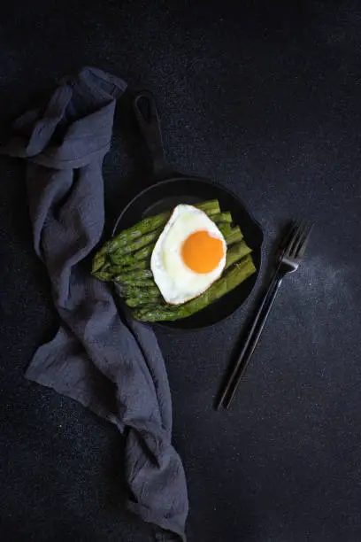 Organic healthy Asparagus and fried egg served in a frying pan. Healthy vegetarian breakfast. Black background. Copyspace. Flat lay. Vertical