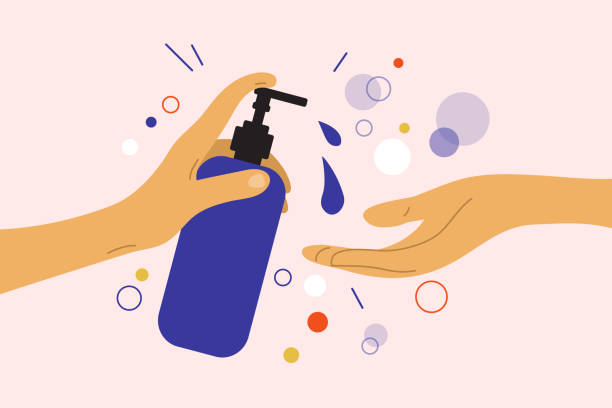 tangan manusia memegang dispenser dengan gel sanitizer atau sabun cair - dispenser ilustrasi stok