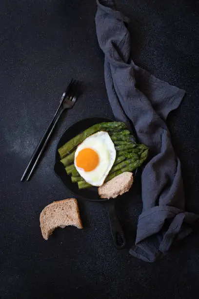 Organic healthy Asparagus and fried egg served in a frying pan. Healthy vegetarian breakfast. Black background. Copyspace. Flat lay. Vertical