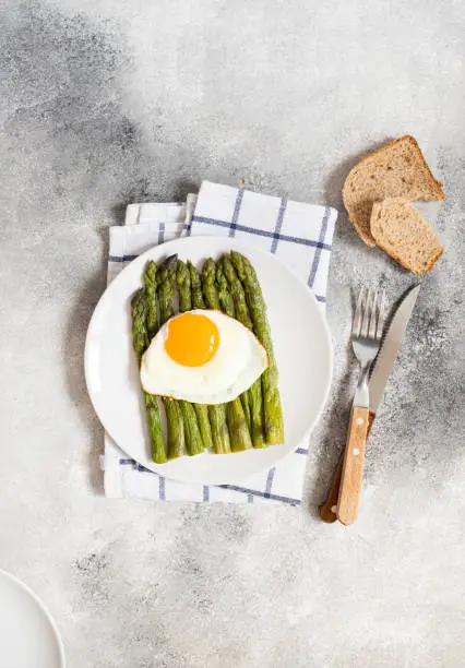 Organic healthy Asparagus and fried egg served on a white plate. Healthy vegetarian breakfast. Grey background. Copy space. Flat lay. Vertical