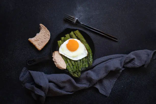 Organic healthy Asparagus and fried egg served in a frying pan. Healthy vegetarian breakfast. Black background. Copyspace. Flat lay