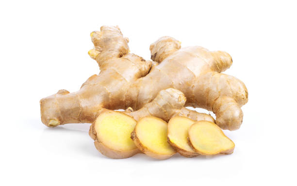 istock fresh Ginger root and slice isolated on white background . full depth of field 1215948335