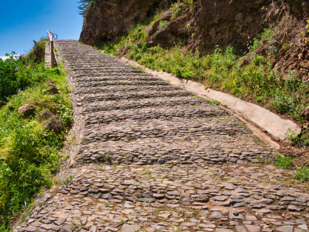 istock Sloping stone steps on a walking trail below the cable car to the Botanical Gardens in Monte, above Funchal in Madeira, taken on a dry, sunny day. 1215949559