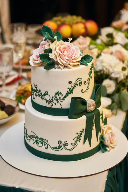istock wedding festive multi-storey cake in white tone decorated with beautiful flowers 1215951380