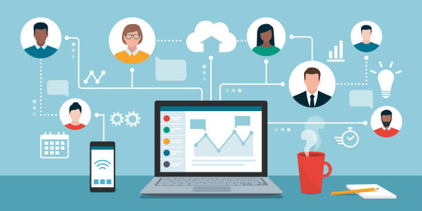 Remote working and virtual business team People with different skills connecting together online and working on the same project, remote working and freelancing concept science and technology vector stock illustrations