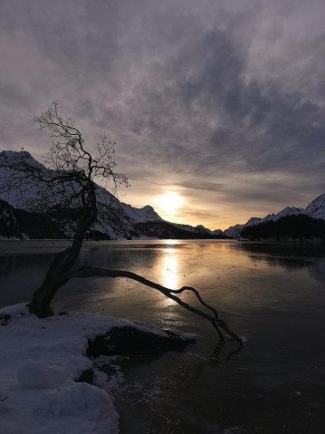 Puesta de sol sobre el lago congelado Maloja, Engadina, Suiza photo