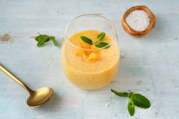 istock Top view of glass with vegan tapioca pudding 1215955651