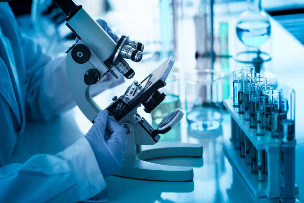 istock Micorscope is used by researcher who use her hands holding and adjusting 1215957015
