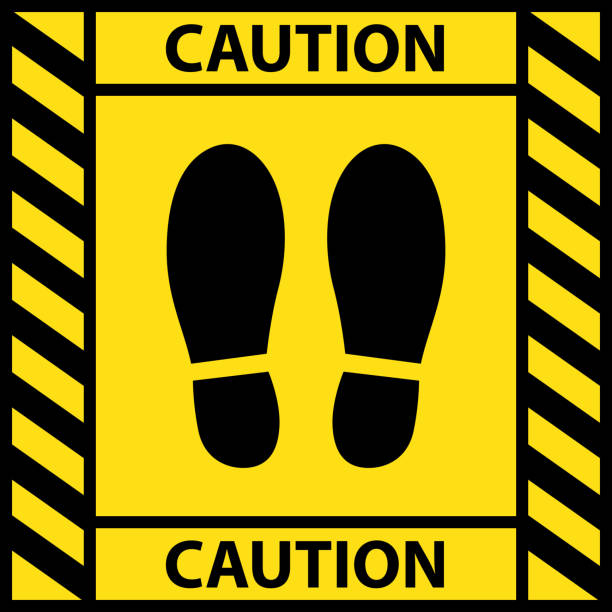 pozycja stopy znak ostrzegawczy naklejki przypominające o zachowaniu odległości w celu ochrony przed coronavirus lub covid-19, wektor ilustracji stóp krok zachować bezpieczne społeczne dystansowanie - next to stock illustrations