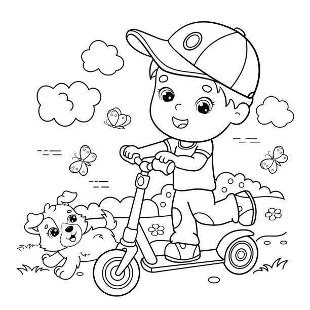 Coloring Page Outline Of Cartoon Boy On The Scooter Coloring Book For Kids  Stock Illustration - Download Image Now - Istock