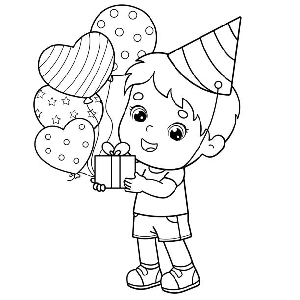  Ilustración de Esquema De Página Para Colorear De Un Niño De Dibujos Animados Con Regalo Y Globos Cumpleaños Libro Para Colorear Para Niños y más Vectores Libres de Derechos de Color -