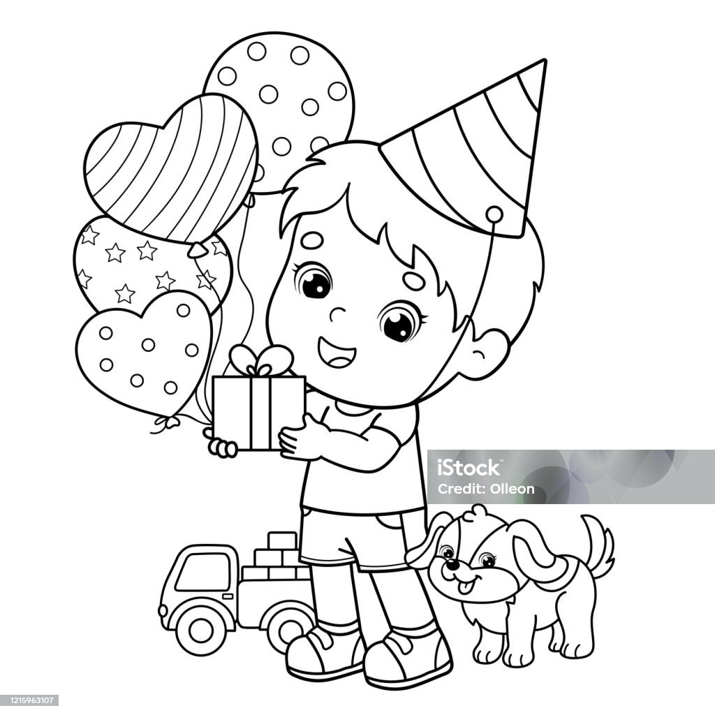Coloring Page Outline Of a cartoon boy with gifts and balloons and with little dog. Birthday. Coloring book for kids Coloring stock vector