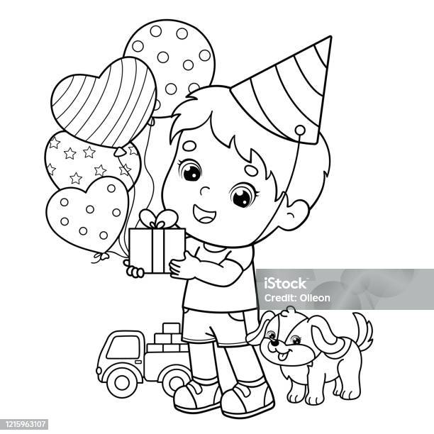 Coloring Page Outline Of A Cartoon Boy With Gifts And Balloons And With Little Dog Birthday Coloring Book For Kids Stock Illustration - Download Image Now