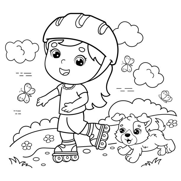 개와 함께 롤러 스케이트에 만화 소녀의 색칠 페이지 개요. 아이들을위한 색칠 공부 책 - coloring dog pets puppy stock illustrations