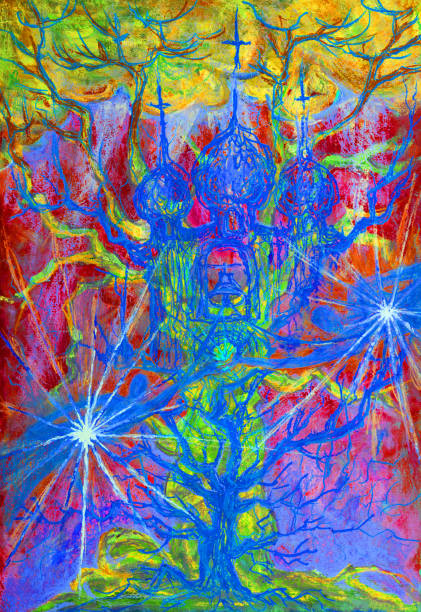 istock Fashionable illustration allegory  work of art impressionism symbolic horizontal drawing colored pastel vertical portrait of two lovers in flight as two stars in the sky love passion against the background of the evening sky in blue and  red colors 1215963596