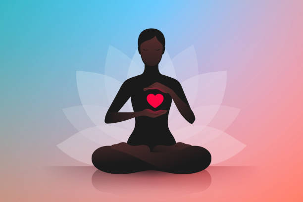 Woman sitting in lotus position and holding hands near her red heart Dark silhouette of slender woman sitting in lotus position and holding hands near her red burning heart. Symbol of lotus flower at background. Concept of harmony and tranquility in heart and thoughts balance silhouettes stock illustrations