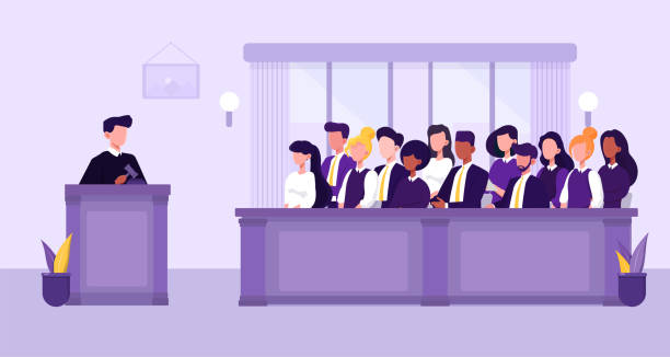 People, judge and courthouse in jury trial concept Illustration of people, judge and courthouse in jury trial concept. Vector Illustration juror stock illustrations