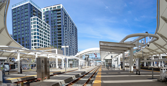 Panorama of the light rail station at the historic Union Station in the LoDo section of Denver, Colorado