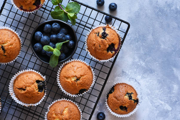 istock Vanilla muffins with blueberries on a concrete background. View from above. 1215970771