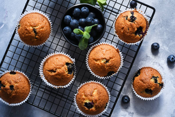 istock Vanilla muffins with blueberries on a concrete background. View from above. 1215971395