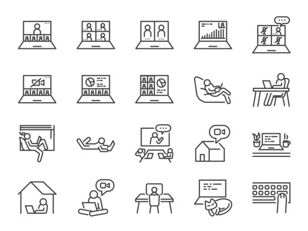 ilustrações de stock, clip art, desenhos animados e ícones de work from home line icon set. included icons as self quarantine, stay home, working, online, video conference, office and more. - work from home
