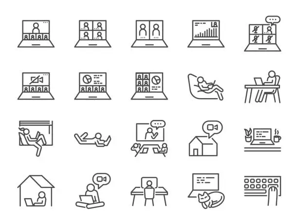 Vector illustration of Work from home line icon set. Included icons as self quarantine, stay home, working, online, video conference, office and more.