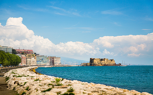 Napflio, Greece - September 3, 2022: A view of the Bourtzi castle in Nafplio, Greece, in the Aegean sea