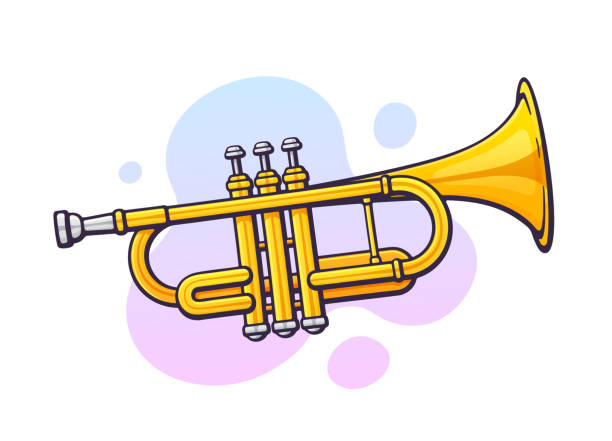 ilustraciones, imágenes clip art, dibujos animados e iconos de stock de ilustración vectorial. trompeta de instrumento de viento de música clásica. blues, jazz u equipo orquestal - bugle trumpet jazz music