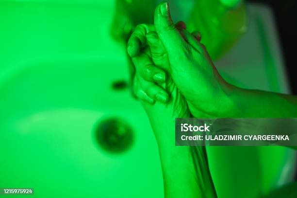 The Concept Of Microbes On The Hands Мыть Руки И Гигиена Closeup On A Black Background The Concept Of Coronavirus Hand Washing And Hygiene Concept Stock Photo - Download Image Now