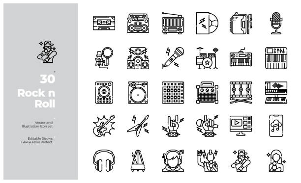 ilustrações, clipart, desenhos animados e ícones de vector line icons set de rock n roll e music element. curso editável. - rock and roll illustrations