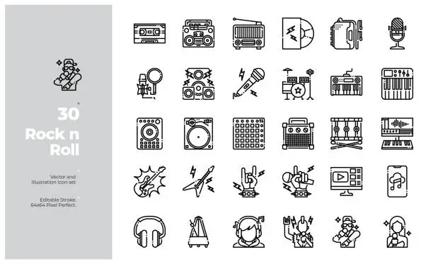 Vector illustration of Vector Line Icons Set of Rock n Roll and Music Element. Editable Stroke.