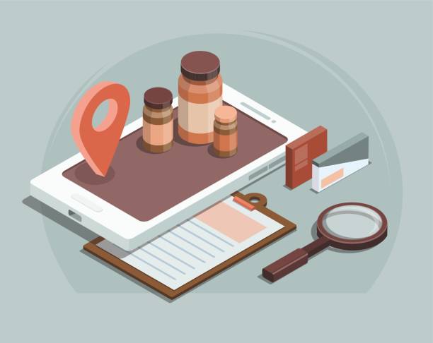 Medical pills and bottles on smartphone. Online shopping concept. Isometric Medical pills and bottles on smartphone. Online shopping concept. Isometric Illustration Navigating Supplement Interactions stock illustrations