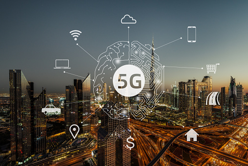 5G Network Wireless Systems and Internet of Things with Modern City Skyline