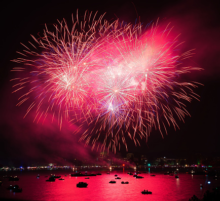 Big fireworks on July 31st at Lake Biel, city of Biel Bienne, Canton of Bern, Switzerland,  always one day before the national holiday on August 1st.