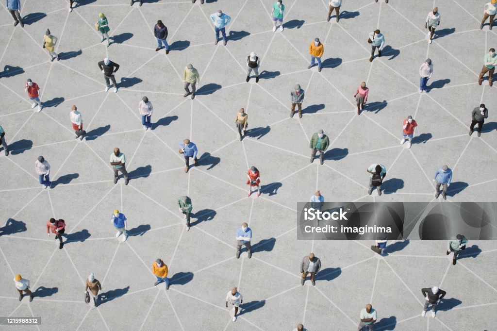 Social Distancing And Networking 3d low-poly people at street with connections. Connection Stock Photo