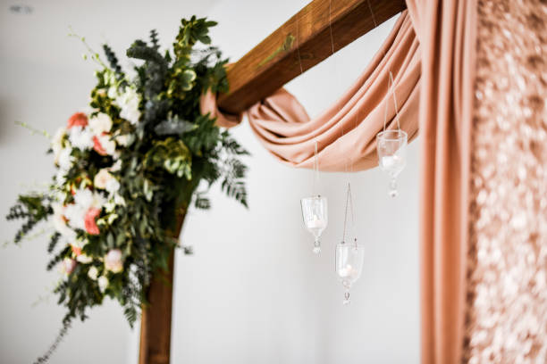 Wedding Wooden Arch with Flowers, Candle Holders and Textile