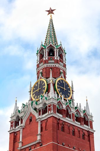 View of the Spasskaya tower of the Moscow Kremlin against the sky