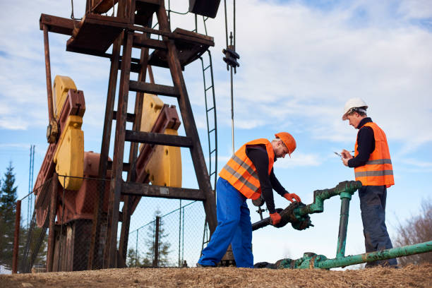 istock Oil workers in uniforms controlling progress work at local oil pump station on sunny day 1215993768