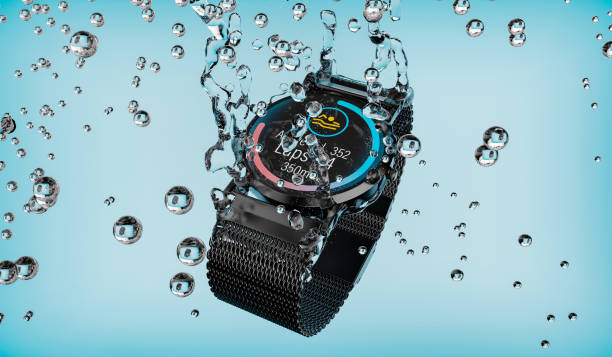 The smartwatch falls into the water with the swimming training app displayed The smartwatch falls into the water with the swimming training app displayed - 3d rendering water repellent stock pictures, royalty-free photos & images