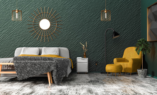 Stylish bedroom in green and grey tones and yellow, copper, gold accents - armchair and blanket on the bed - 3d rendering