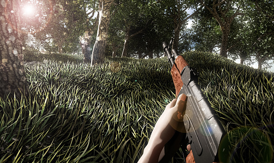 Realistic first person shooter war game screenshot concept - man running with ak-47 rifle through the lush forest - contains blurs and artifacts effects, 3d rendering