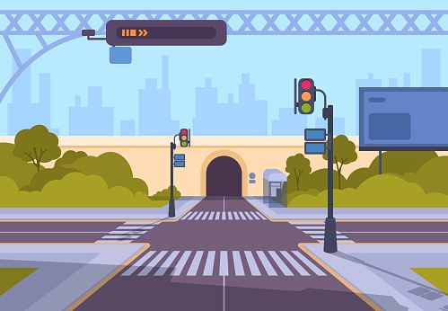 Cartoon crosswalk. City streets intersections with no automobile traffic and pedestrians, urban landscape with crosswalk. Vector illustration empty crossing roads against background of tunnel