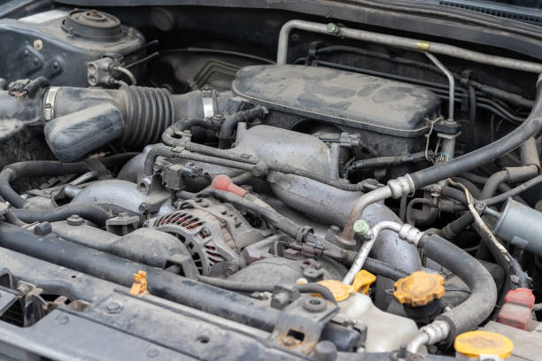 istock Dusty details of a flat-four (boxer) car engine compartment under the open hood. Selective focus 1216001348