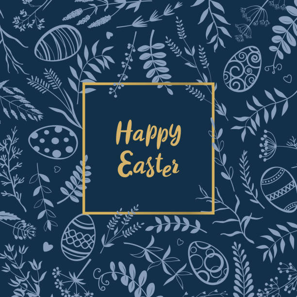 부활절 달걀, 나뭇 가지, 허브와 어두운 파란색 배경에 꽃. 인사말 카드 양식입니다. - decoration eggs leaf easter stock illustrations