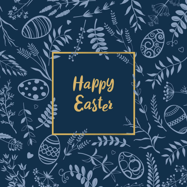 ilustrações de stock, clip art, desenhos animados e ícones de easter eggs, twigs, herbs and flowers on dark blue background. form for greeting card. - decoration eggs leaf easter