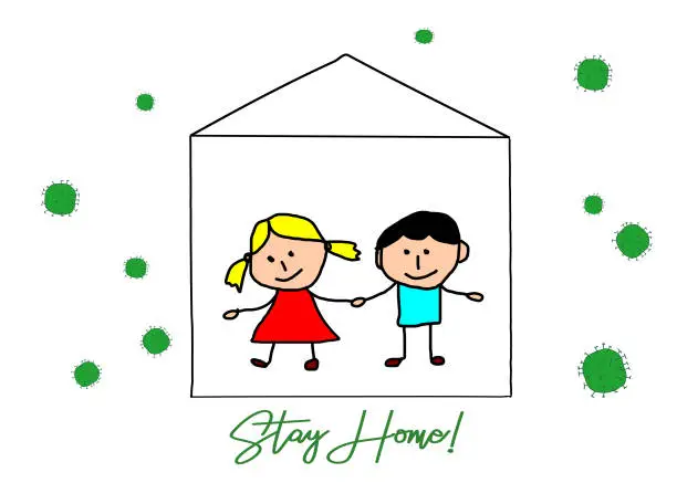 Vector illustration of Kids drawing -  Coronavirus campaign to stay at home.