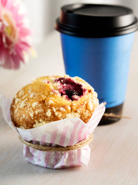 cherry muffin with coffee, muffins with cup of coffee,take away paper coffee cup and muffin, - flower cherry cup tea imagens e fotografias de stock