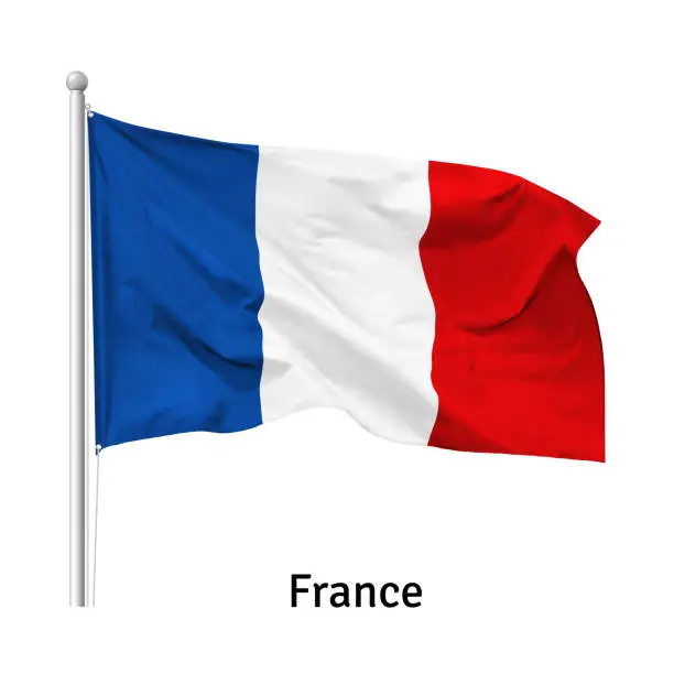 Vector illustration of Flag of the French Republic in the wind on flagpole, vector