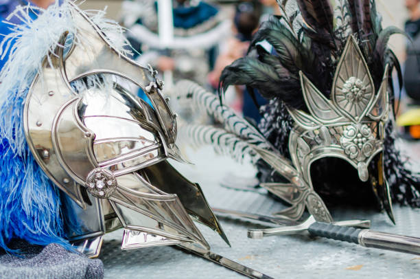 Photograph of details of the outfits worn by the participants of the Moors and Christians parade in the Mediterranean town of Oliva in Valencia